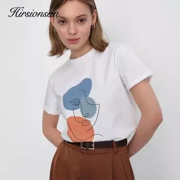 Hirsionsan футболка с абстрактным принтом, женские летние новые футболки большого размера из 100% хлопка, повседневные свободные эстетичные футболки, топы с круглым вырезом, 2023 M розовый