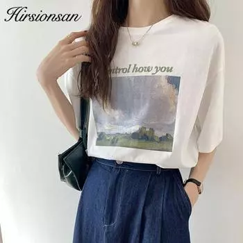 Hirsionsan футболка с короткими рукавами и рисунком маслом, женские повседневные мягкие футболки с круглым вырезом и принтом, женские корейские свободные хлопковые базовые белые топы S белый