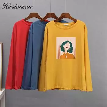 Hirsionsan, футболки на хлопковой основе, женские весенние ретро футболки с абстрактными цифрами и принтом, женские повседневные мягкие топы с круглым вырезом и длинными рукавами для девочек M белый