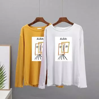 Hirsionsan Harajuku графическая футболка женская весенняя свободная футболка с длинными рукавами и круглым вырезом с принтом женские повседневные простые универсальные топы для девочек M белый