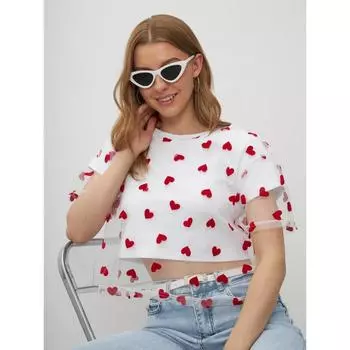 Hirsionsan Heart Mesh Patchwork Vintage Short T Shirt Streetwear Aesthetic Chic T Shirt Women Casual Cotton Short Sleeve Tops Y2k S/M белый