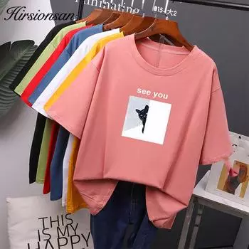 Hirsionsan, хлопковые летние футболки с мультяшным принтом, женские мягкие свободные футболки Kawaii, женские топы с короткими рукавами больших размеров, 2022 M белый