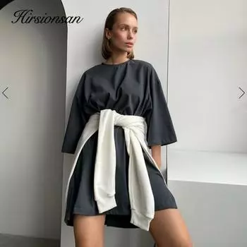 Hirsionsan Элегантные темно-серые свободные хлопковые платья Женская мягкая повседневная домашняя одежда Футболка Платье Отпускная женская длинная футболка 2023 M зелёный