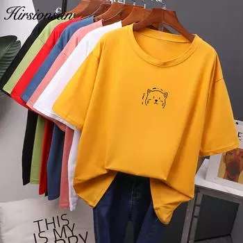 Hirsionsan Kawaii, летняя женская футболка, новинка 2022 года, футболки большого размера с круглым вырезом, свободные футболки из 100% хлопка, мягкие повседневные женские топы, 7 цветов M белый