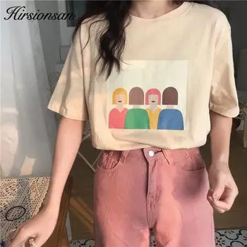 Hirsionsan Kawaii, летняя женская футболка, новинка 2022 года, футболки большого размера с круглым вырезом, свободные футболки из 100% хлопка, мягкие повседневные женские топы, 7 цветов M белый