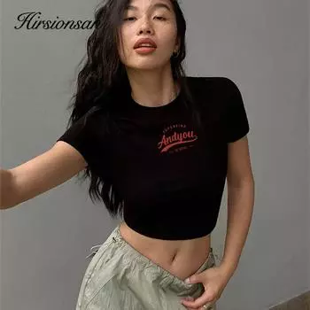 Hirsionsan корейские футболки с графическим рисунком для женщин, лето 2023, 100% хлопок, базовые футболки с короткими рукавами, повседневные тонкие женские топы с круглым вырезом, уличная одежда, топ S жёлтый