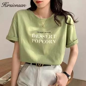 Hirsionsan корейские свободные футболки для женщин, летние повседневные футболки с круглым вырезом и буквами, женская мода, уличная одежда, черные базовые топы с короткими рукавами S белый