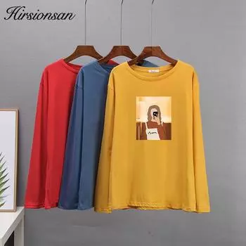 Hirsionsan креативные футболки с абстрактными рисунками, женские свободные футболки с круглым вырезом, женские весенние повседневные хлопковые черные топы с длинными рукавами M белый