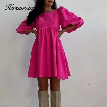 Hirsionsan летнее однотонное пышное платье с квадратным воротником и короткими рукавами, женские свободные повседневные платья с высокой талией, женская модная простая одежда S зелёный