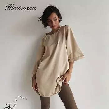 Hirsionsan летние хлопковые свободные комплекты для женщин 2021, большие футболки из двух предметов и вязаные шорты с высокой талией, спортивный костюм M бежевый