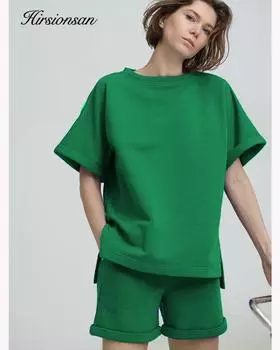 Hirsionsan летние комплекты из 100% хлопка, женские повседневные комплекты из двух предметов, футболки с короткими рукавами и шорты с высокой талией, брюки, спортивный костюм 2023 S темно-зеленого