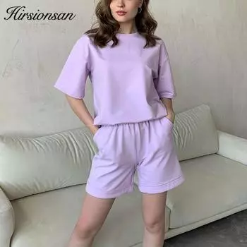 Hirsionsan летние комплекты из 100% хлопка, женские новые повседневные свободные футболки с короткими рукавами и короткие брючные костюмы с высокой талией, женские костюмы S зелёный