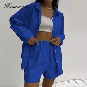 Hirsionsan, летние однотонные модные повседневные комплекты из двух предметов, женские рубашки с короткими рукавами и шорты с высокой талией, женский свободный мягкий спортивный костюм S оранжевый