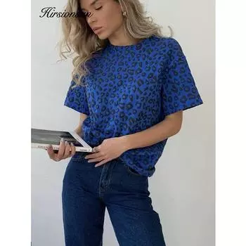 Hirsionsan, летние повседневные трикотажные футболки с леопардовым принтом, женские свободные мягкие футболки с круглым вырезом в стиле Харадзюку, новые топы, рубашка, женские шикарные футболки Mujer M синий