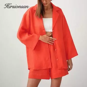 Hirsionsan, летний модный хлопковый комплект из двух предметов, женская рубашка с коротким рукавом и шорты с высокой талией, женский однотонный простой спортивный костюм S зелёный