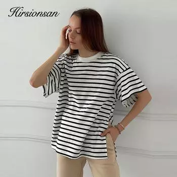 Hirsionsan летняя футболка большого размера из 100% хлопка, женская новинка 2023 года, свободные футболки в полоску с разрезом, повседневная футболка, базовые женские топы S чёрный