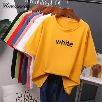Hirsionsan Lttter хлопковые футболки с принтом женские летние свободные футболки в стиле Харадзюку для девочек простые большие женские топы M-4XL M белый