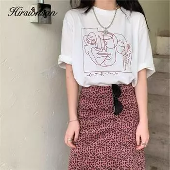 Hirsionsan модная футболка с абстрактным принтом, женская забавная графическая мягкая свободная женская футболка, хлопковые летние повседневные топы, футболки цвета хаки 2021 XXL чёрный
