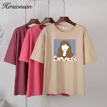 Hirsionsan, модная свободная футболка, женские повседневные мягкие футболки с круглым вырезом и принтом для милых девочек, женские новые универсальные топы с короткими рукавами, женские топы M белый