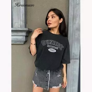Hirsionsan модные футболки большого размера с буквенным принтом, качественная выстиранная кислотой футболка, женские летние винтажные топы люксового бренда для девочек M чёрный