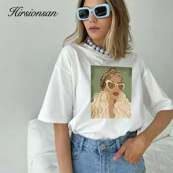 Hirsionsan модные свободные футболки с рисунком для женщин, лето 2023, футболки с короткими рукавами из 100% хлопка, женские повседневные мягкие уличные топы M белый