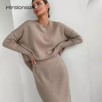Hirsionsan мягкие элегантные винтажные женские костюмы, новинка 2022 года, женские комплекты из 2 предметов, свитер с круглым вырезом и платье миди, женский вязаный спортивный костюм One Size хаки