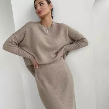 Hirsionsan мягкие элегантные винтажные женские костюмы, новинка 2023 года, женские комплекты из 2 предметов, свитер с круглым вырезом и платье миди, женский вязаный спортивный костюм One Size бежевый