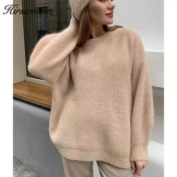 Hirsionsan, мягкие шерстяные вязаные кашемировые свитера для женщин, новинка 2021 года, зимние свободные однотонные женские пуловеры, теплый базовый трикотаж, джемпер one size белый
