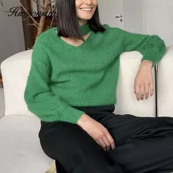 Hirsionsan мягкий теплый свитер с v-образным вырезом, женский элегантный вязаный женский пуловер ярких цветов, свободный кашемировый базовый трикотаж, джемпер one size фиолетовый