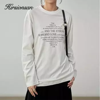 Hirsionsan, нежная минималистичная футболка с буквенным принтом и круглым вырезом, длинными рукавами, женские свободные универсальные футболки для отдыха, женский осенний пуловер L белый