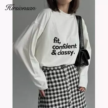 Hirsionsan нежные футболки с круглым вырезом и длинными рукавами с буквенным принтом, женские винтажные базовые универсальные пуловеры, футболки, женская одежда для отдыха M чёрный