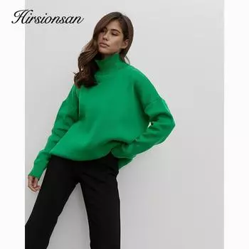 Hirsionsan однотонный вязаный свитер с высоким воротником, женский зимний новый утепленный пуловер с длинными рукавами, повседневный свободный базовый женский трикотаж one size оранжевый