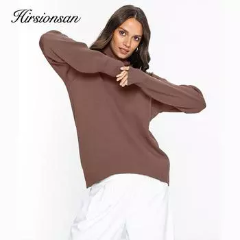 Hirsionsan однотонный вязаный свитер с высоким воротником, женский зимний новый утепленный пуловер с длинными рукавами, повседневный свободный базовый женский трикотаж one size бежевый