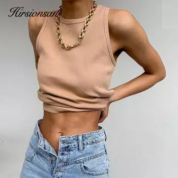 Hirsionsan однотонный вязаный жилет без рукавов с круглым вырезом, женский летний базовый модный простой универсальный майка, женские повседневные винтажные спортивные топы S чёрный