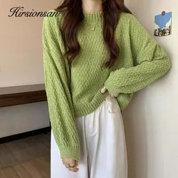 Hirsionsan осень-зима однотонный теплый ленивый джемпер женский для отдыха с круглым вырезом и длинными рукавами вязаный свитер женский свободный элегантный модный мягкий пуловер one size синий