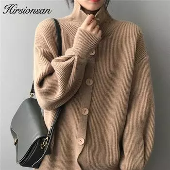 Hirsionsan осенне-зимний кардиган с высоким воротом, женские кашемировые однобортные мягкие свободные однотонные женские вязаные джемперы one size коричневый