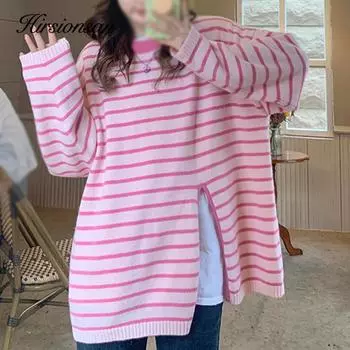 Hirsionsan, осенний новый вязаный свитер в полоску с круглым вырезом, женский свободный простой свитер с разрезом, женский корейский модный мягкий теплый пл... one size чёрный