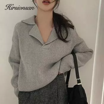 Hirsionsan, осенний простой базовый кашемировый джемпер, женские повседневные однотонные пуловеры с v-образным вырезом, женские свободные ленивые вязаные свитера с длинными рукавами one size чёрный