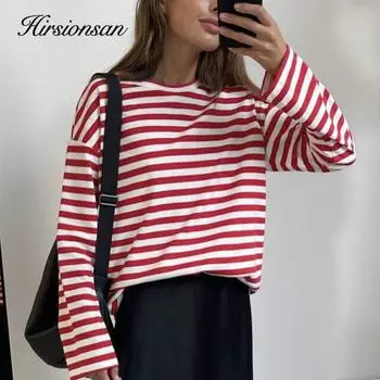 Hirsionsan, осенняя полосатая свободная футболка с длинными рукавами, женская повседневная винтажная базовая футболка из мягкого хлопка, женские трикотажные топы в стиле Харадзюку 2022 S жёлтый