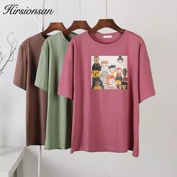 Hirsionsan Повседневная свободная футболка женская корейская с круглым вырезом футболки с мультяшным принтом женские простые универсальные черные топы с короткими рукавами женские M белый