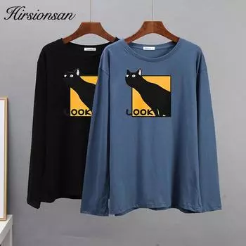 Hirsionsan Повседневная свободная футболка женская весенняя новая простая простая футболка с круглым вырезом и круглым вырезом с милым котом женские модные универсальные топы с длинными рукавами для девочек M белый