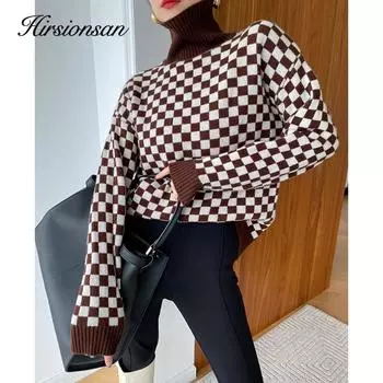 Hirsionsan повседневные мягкие пуловеры с длинными рукавами, женская зимняя водолазка, ретро клетчатый вязаный свитер, женский свободный теплый простой джемпер one size чёрный
