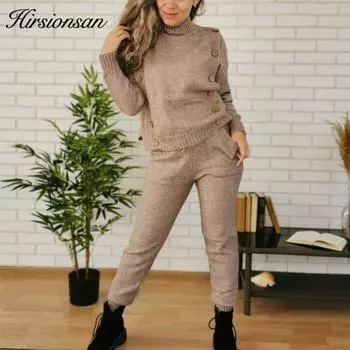 Hirsionsan повседневный мягкий вязаный комплект для женщин, осень-зима 2021, свободный свитер на пуговицах и брюки-морковка, комплект из 2 предметов, женский наряд, спортивные костюмы, шаровары one size коричневый