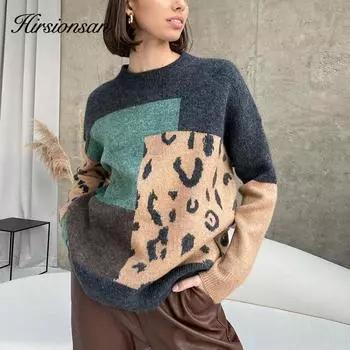 Hirsionsan сексуальные леопардовые лоскутные кашемировые пуловеры больших размеров, женский повседневный свободный мягкий вязаный свитер, женский винтажный джемпер one size зелёный