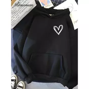 Hirsionsan Simplic Heart Print Женская толстовка Мягкая Повседневная Свободная Винтажная Женская Толстовка 2024 Зимняя Теплая Флисовая Студенческая Топы S