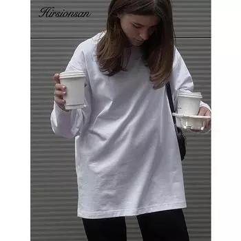 Hirsionsan свободная базовая футболка с круглым вырезом из 100% хлопка с длинным рукавом женские однотонные универсальные футболки женская мода уличная одежда повседневные топы M чёрный