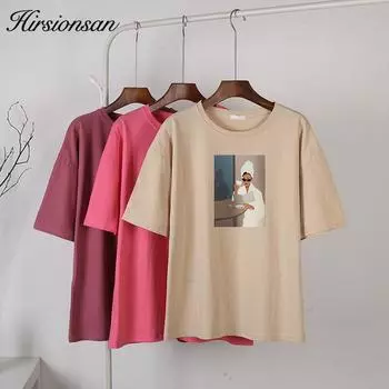 Hirsionsan свободная хлопковая футболка с принтом женская летняя повседневная новая корейская модная футболка с коротким рукавом женские крутые топы для девочек M белый
