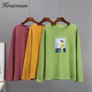 Hirsionsan свободные футболки с графическим принтом женские летние повседневные футболки с круглым вырезом и длинными рукавами женская мода уличная универсальные топы M белый