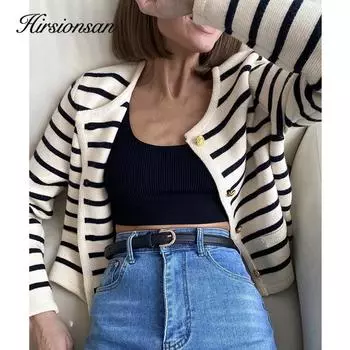 Hirsionsan свободный однобортный свитер с круглым вырезом женский винтажный полосатый мягкий вязаный кардиган женский осенний повседневный элегантный модный топ One Size чёрный