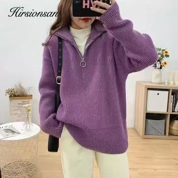 Hirsionsan свободный однотонный теплый джемпер в полоску женский простой кашемировый свитер с лацканами женский зимний элегантный вязаный пуловер на молнии one size серый